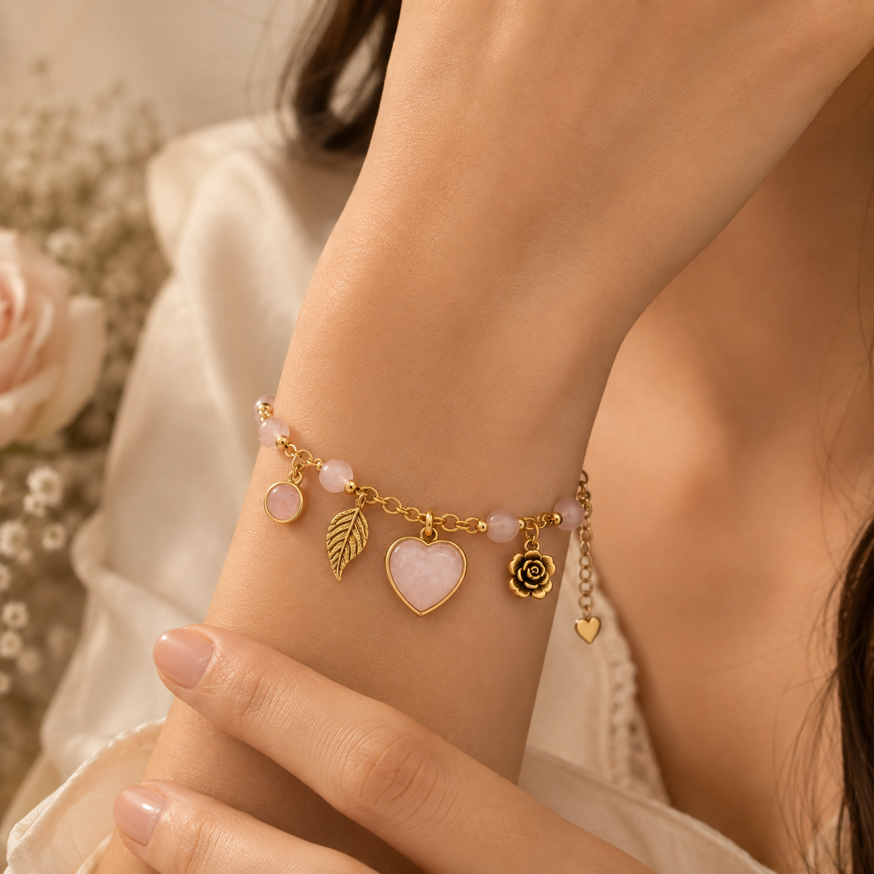 Rose Quartz Heart Charm Bracelet