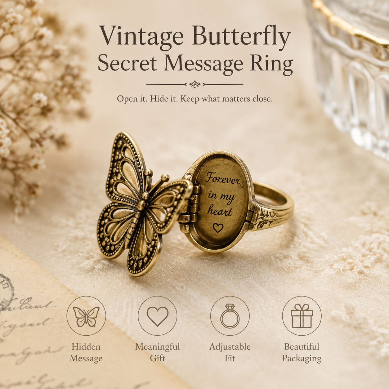 Vintage Butterfly Secret Message Ring