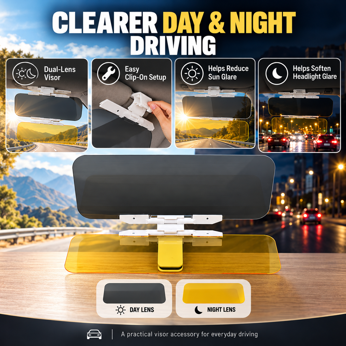🚗 Drive Safer Day and Night 🌙 Universal HD Anti-Glare Car Sun Visor ✨