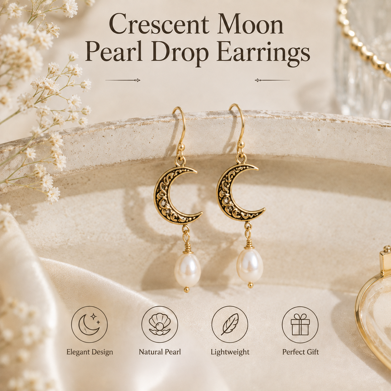 Crescent Moon Pearl Drop Earrings